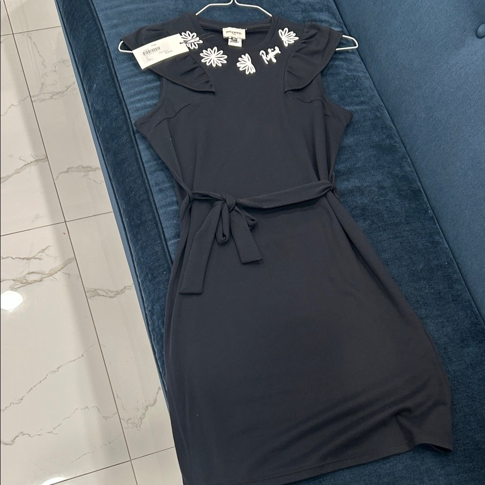 Sonia Rykiel Paris Navy Dress with White Floral Embroidery